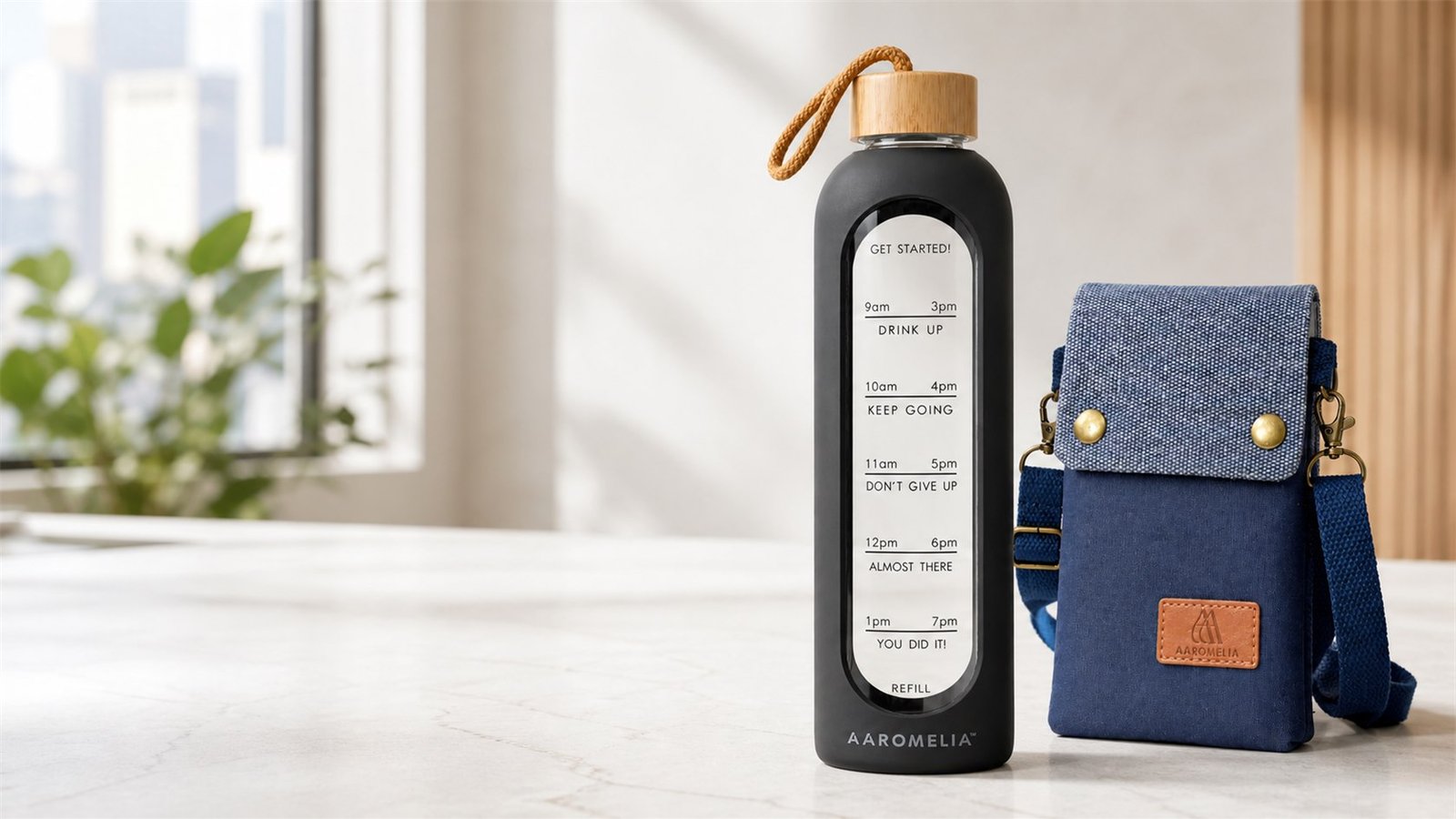 Aaromelia Crystal Arc bottle and navy phone pouch