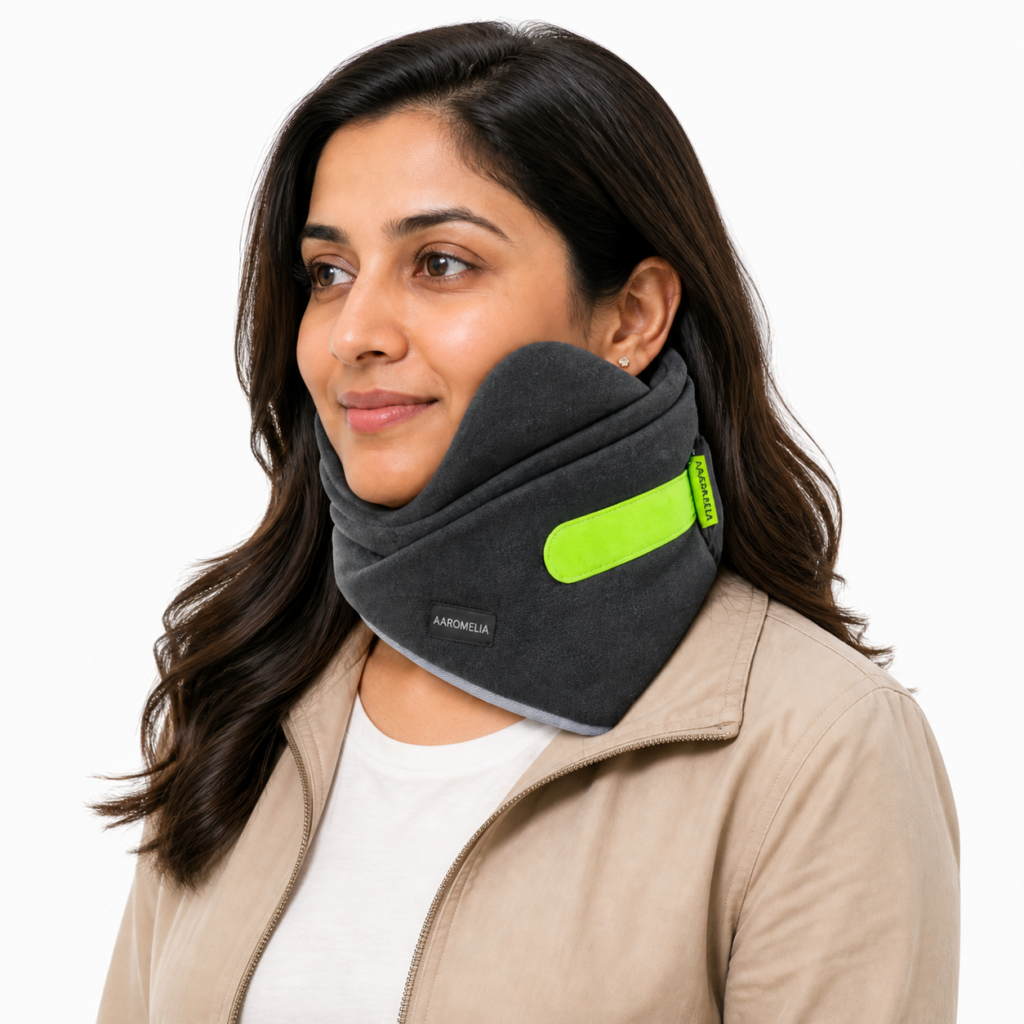 Aaromelia charcoal travel neck pillow worn by a model