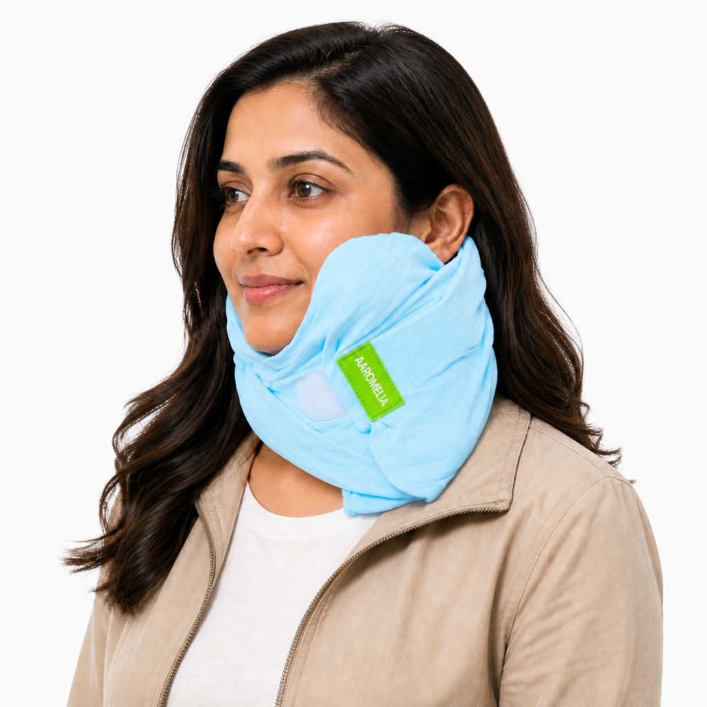 Aaromelia sky blue travel neck pillow worn by a model