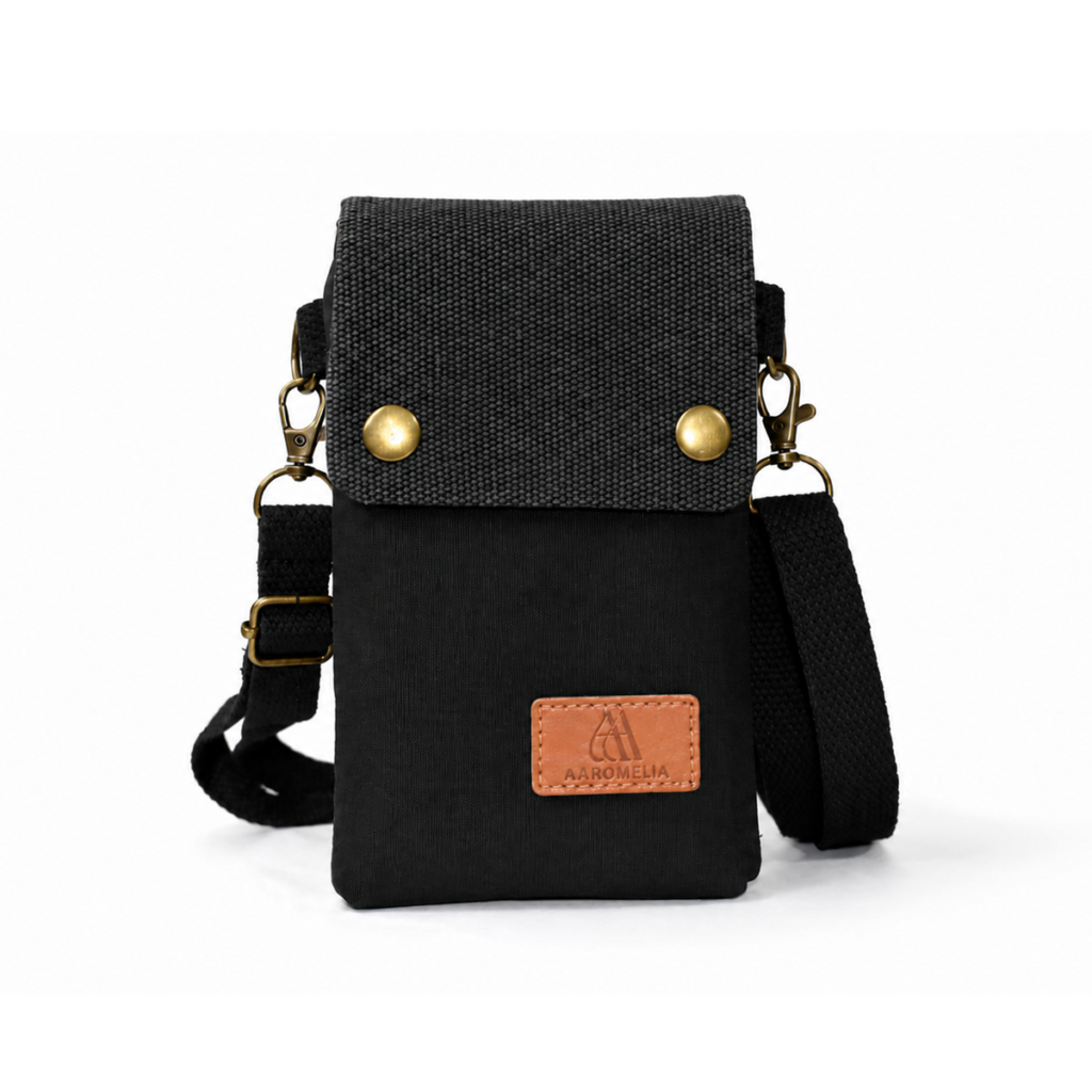 Aaromelia Crossbody Phone Pouch in black, front view