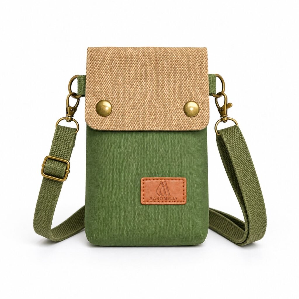 AAROMELIA Olive and Tan crossbody phone pouch with the adjustable strap attached
