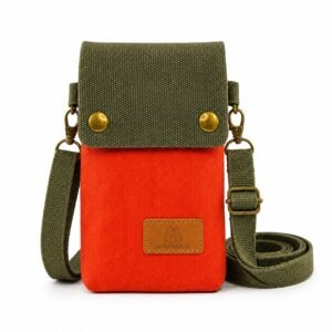 Aaromelia orange and olive crossbody phone pouch, front view