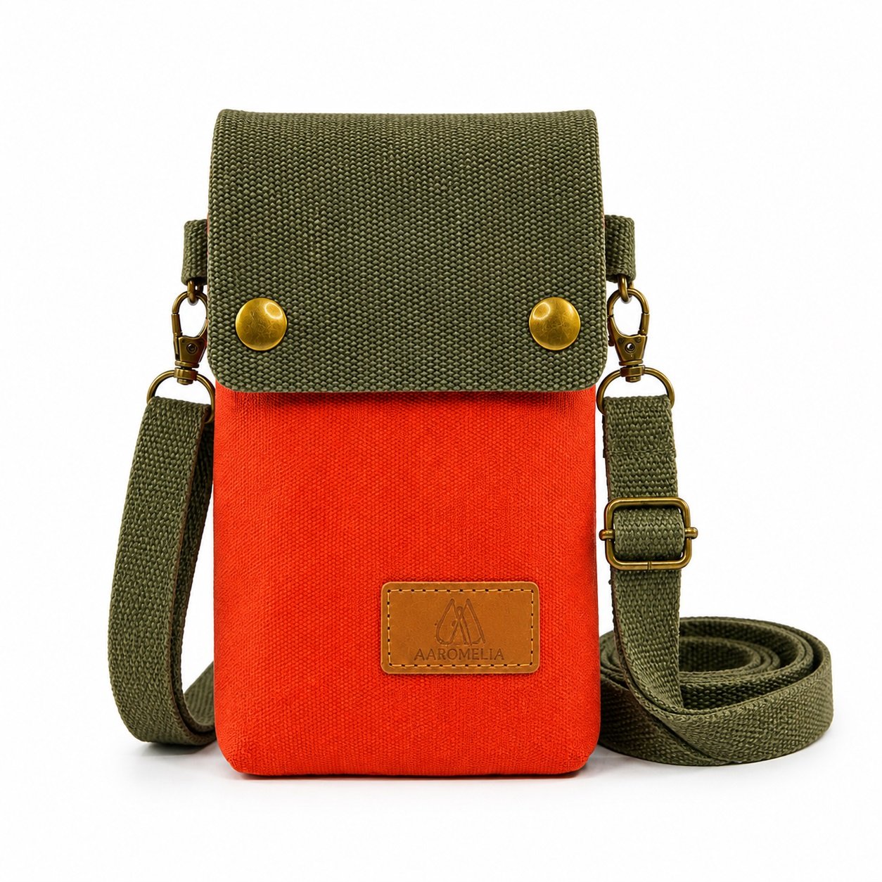 Aaromelia orange and olive crossbody phone pouch