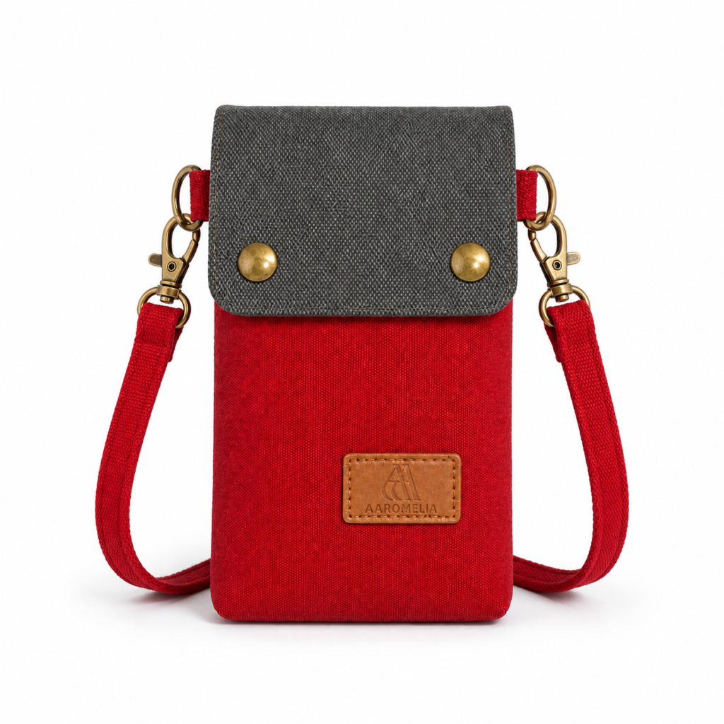 AAROMELIA Red and Charcoal crossbody phone pouch with the adjustable strap attached