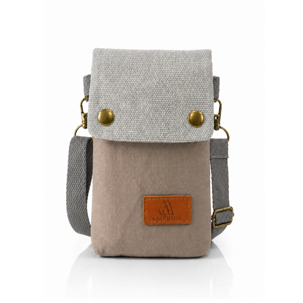Aaromelia Crossbody Phone Pouch in taupe and stone, front view